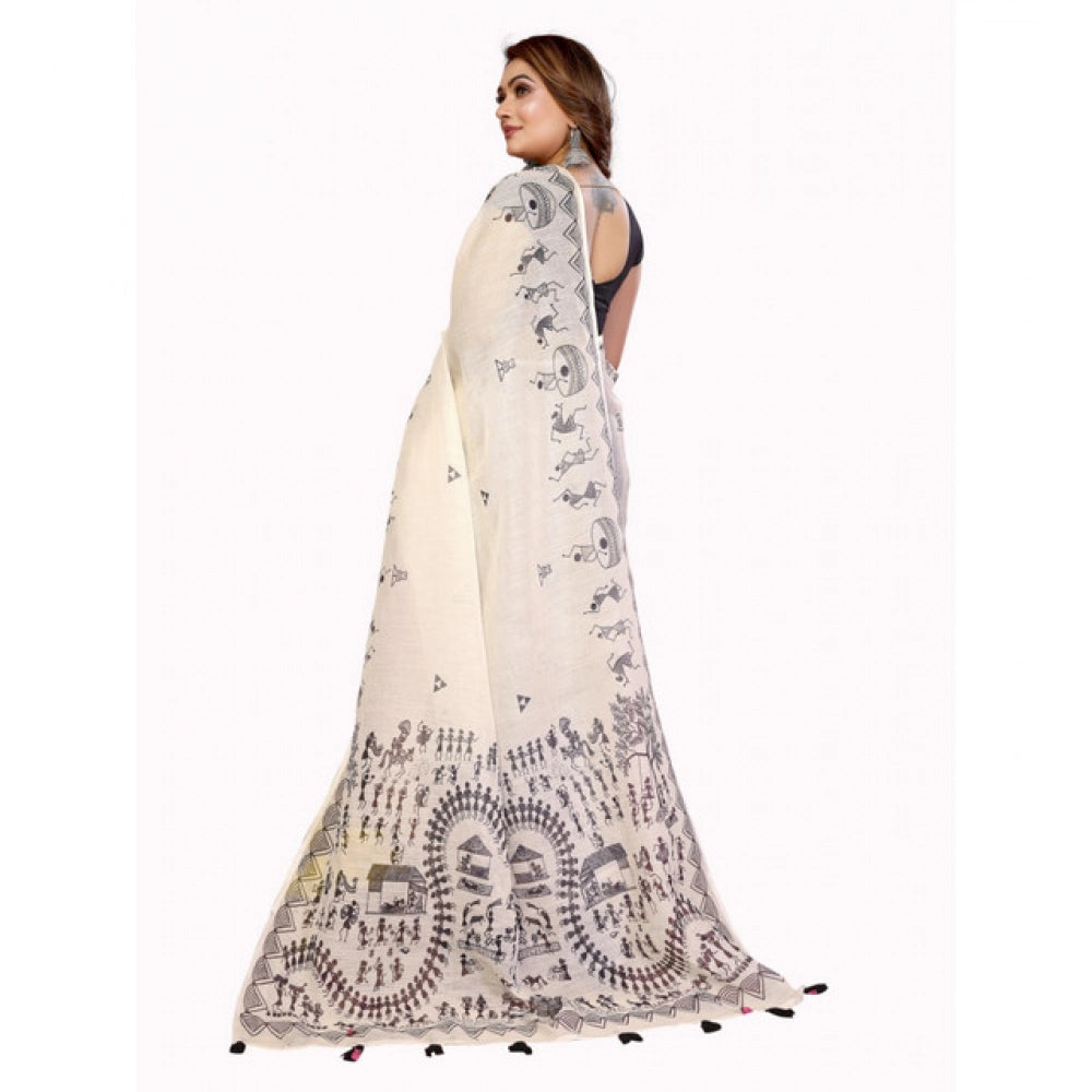 Generic Women's Linen Cotton Printed Saree With Unstitched Blouse 5.5Mtr (Off White)