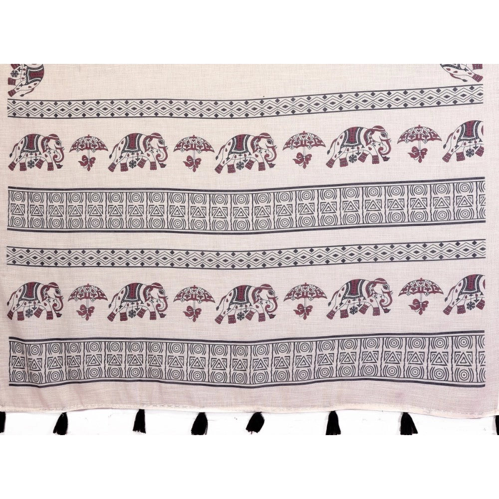 Generic Women's Linen Cotton Printed Saree With Unstitched Blouse 5.5Mtr (Off White)