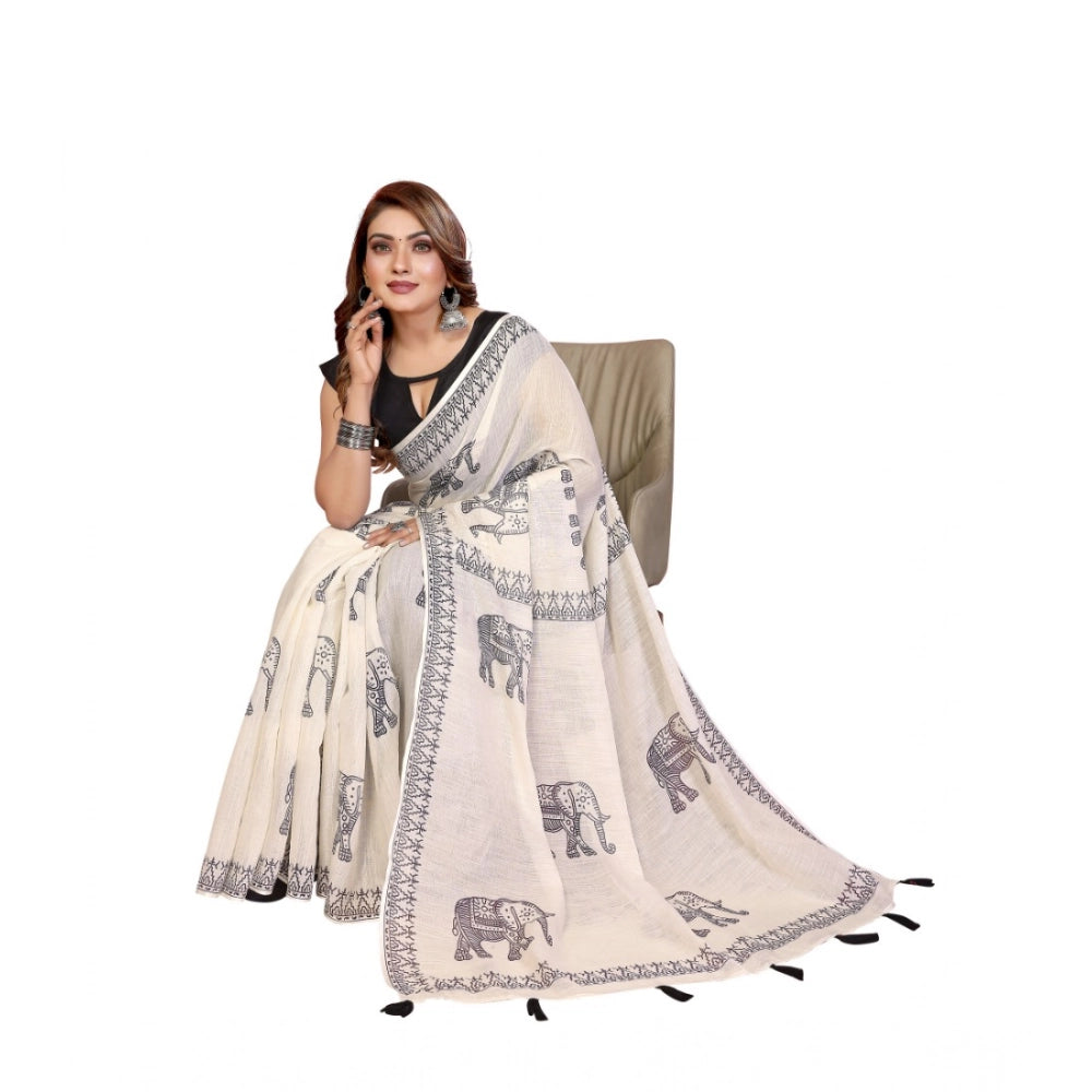 Generic Women's Linen Cotton Printed Saree With Unstitched Blouse 5.5Mtr (Off White)