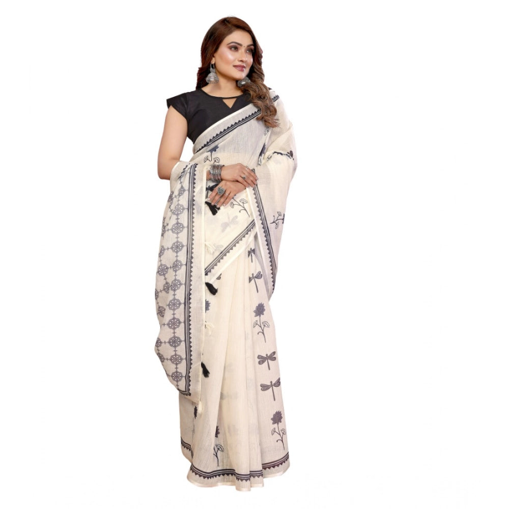 Generic Women's Linen Cotton Printed Saree With Unstitched Blouse 5.5Mtr (Off White)