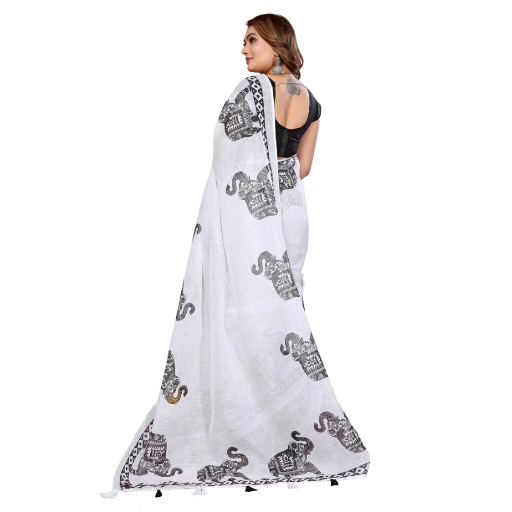 Generic Women's Linen Cotton Printed Saree With Unstitched Blouse 5.5Mtr (White)