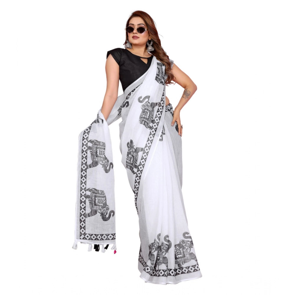 Generic Women's Linen Cotton Printed Saree With Unstitched Blouse 5.5Mtr (White)
