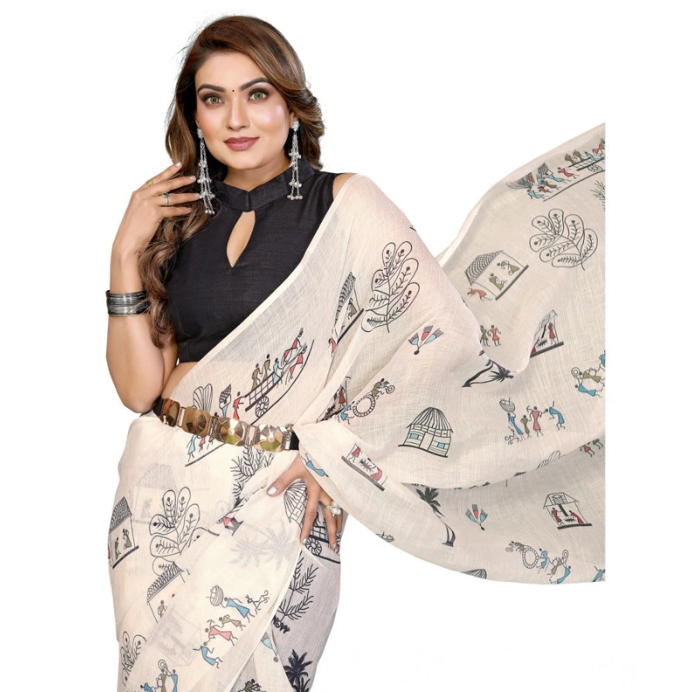 Generic Women's Linen Cotton Printed Saree With Unstitched Blouse 5.5Mtr (Off White)