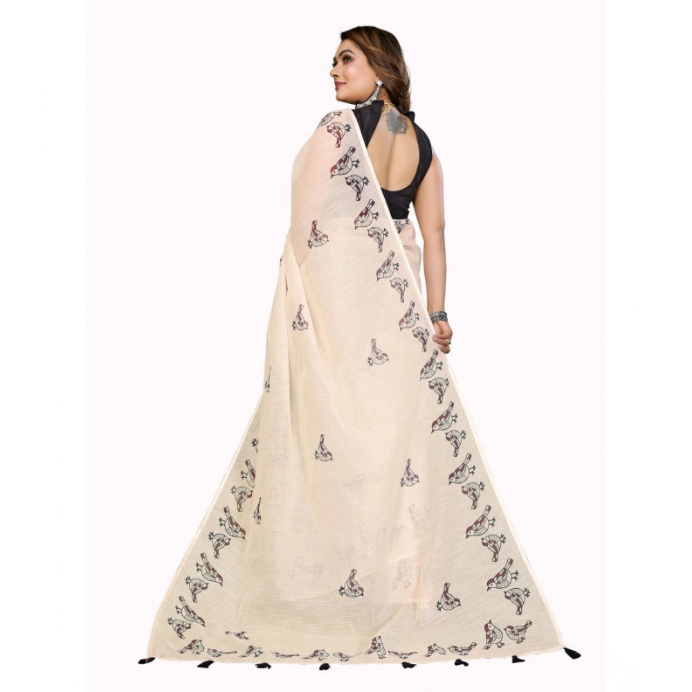 Generic Women's Linen Cotton Printed Saree With Unstitched Blouse 5.5Mtr (Off White)
