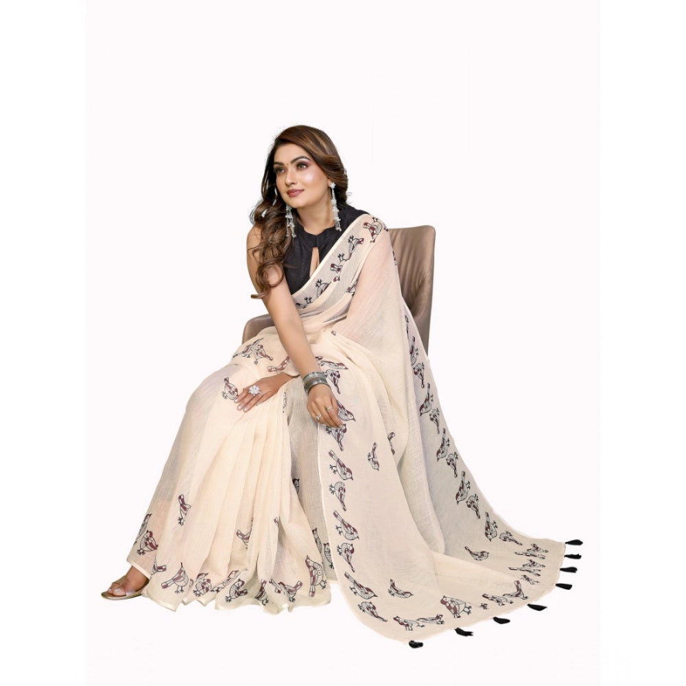 Generic Women's Linen Cotton Printed Saree With Unstitched Blouse 5.5Mtr (Off White)