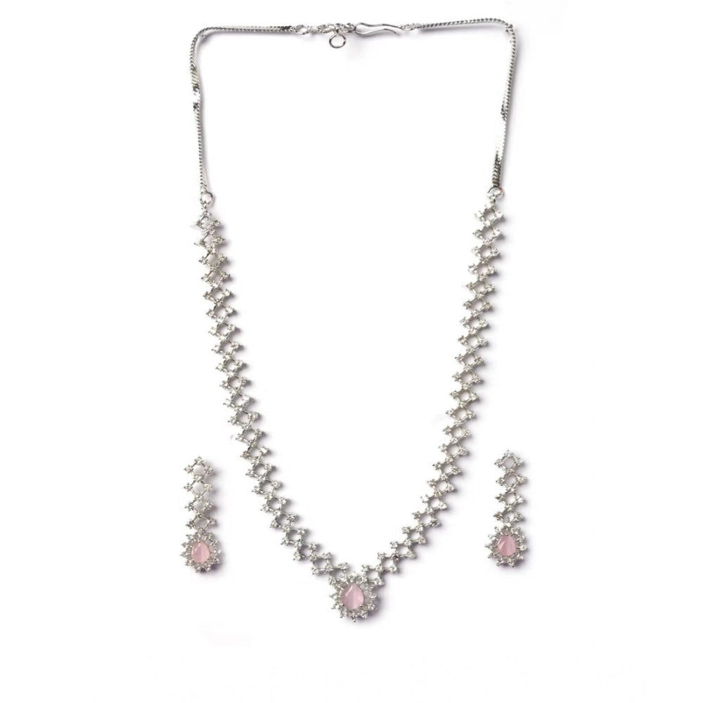 Generic Women's Brass Silver Plated Necklace set (Pink)