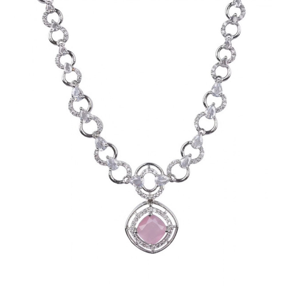 Generic Women's Brass Silver Plated Necklace set (Pink)