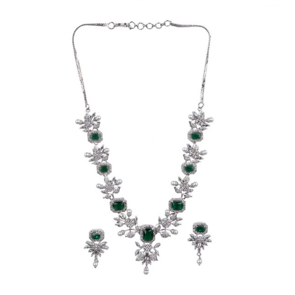 Generic Women's Brass Silver Plated Necklace set (Green)