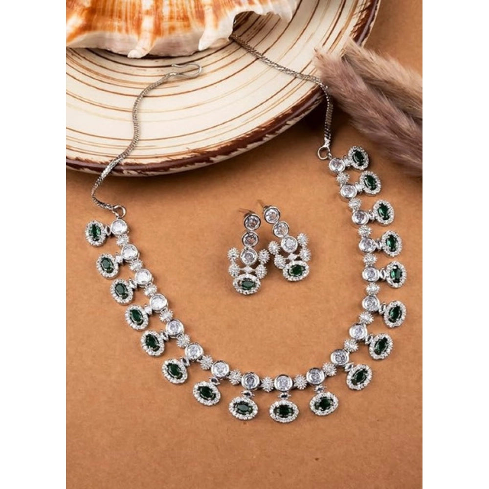 Generic Women's Brass Silver Plated Necklace set (Green)