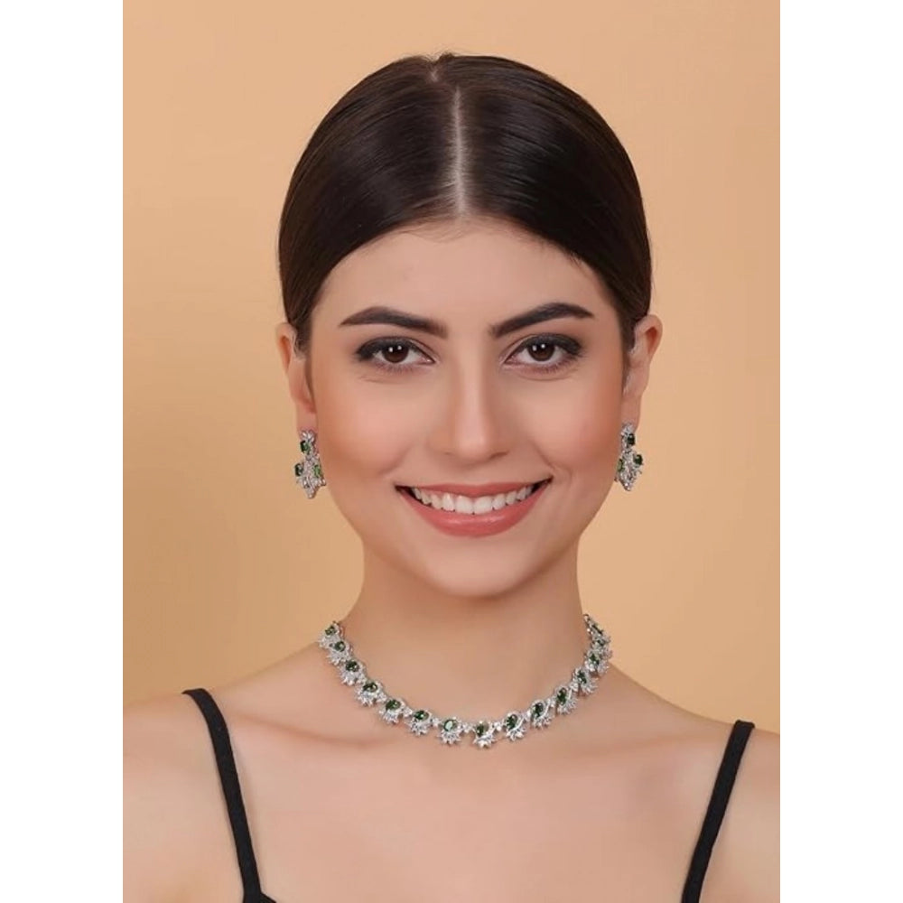 Generic Women's Brass Silver Plated Necklace set (Green)