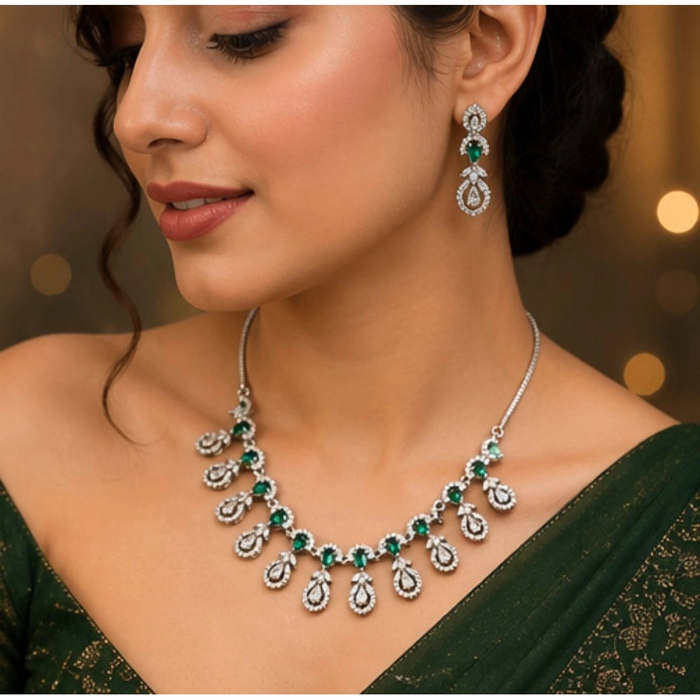 Generic Women's Brass Silver Plated Necklace set (Green)