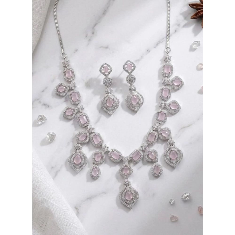 Generic Women's Brass Silver Plated Necklace set (Pink)