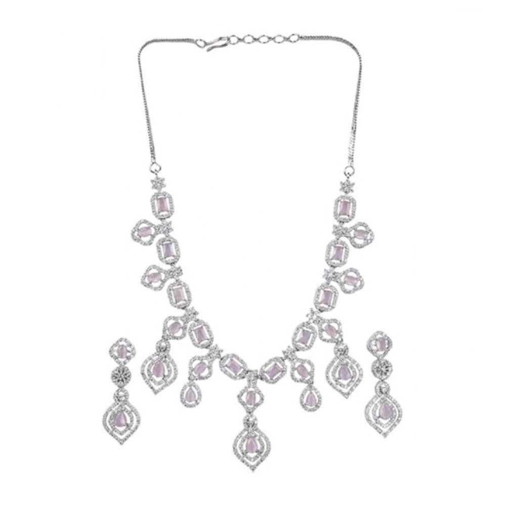 Generic Women's Brass Silver Plated Necklace set (Pink)