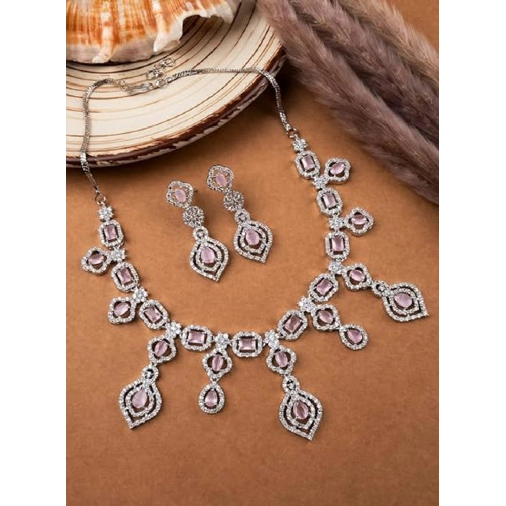 Generic Women's Brass Silver Plated Necklace set (Pink)