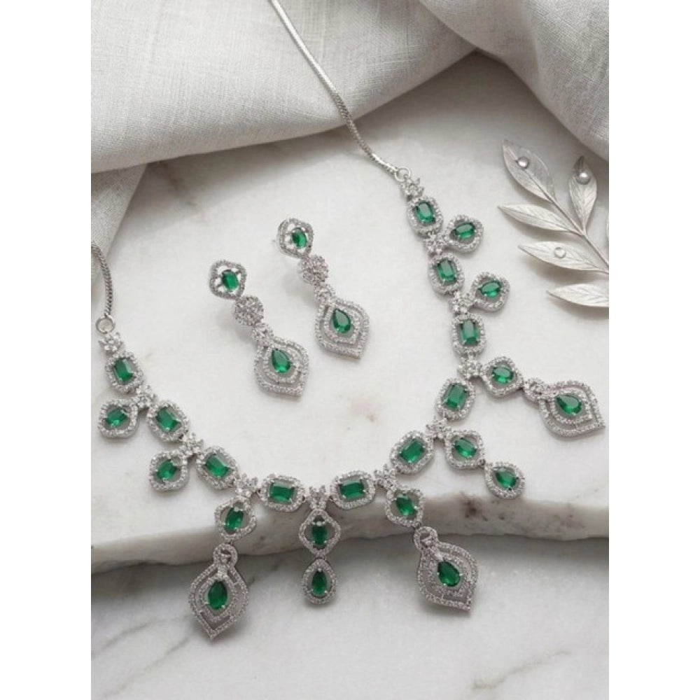 Generic Women's Brass Silver Plated Necklace set (Green)