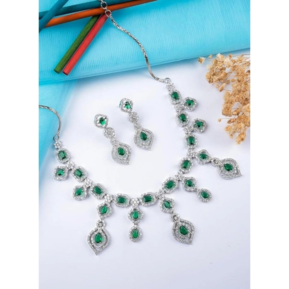 Generic Women's Brass Silver Plated Necklace set (Green)