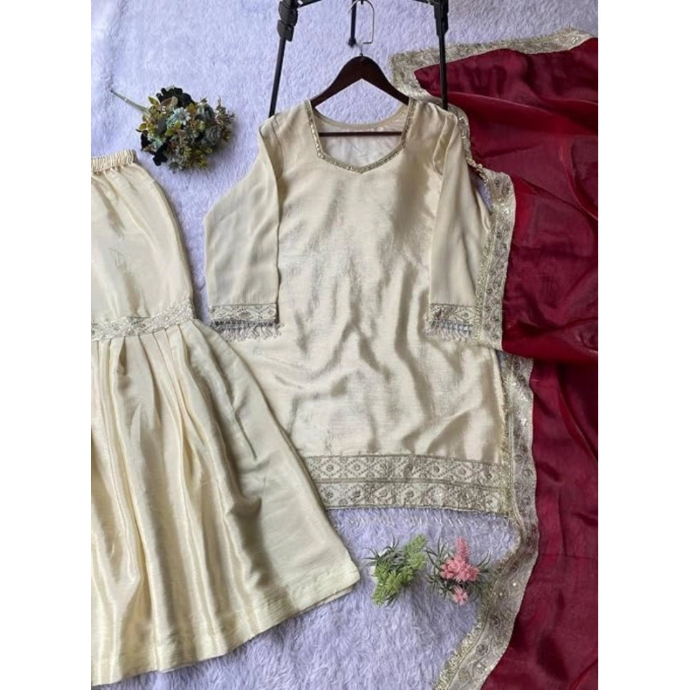 Generic Women's Silk Embroidered 3/4th Sleeve V-Neck Kurti With Sharara Pant and Dupatta Set (Cream &amp; Brown)