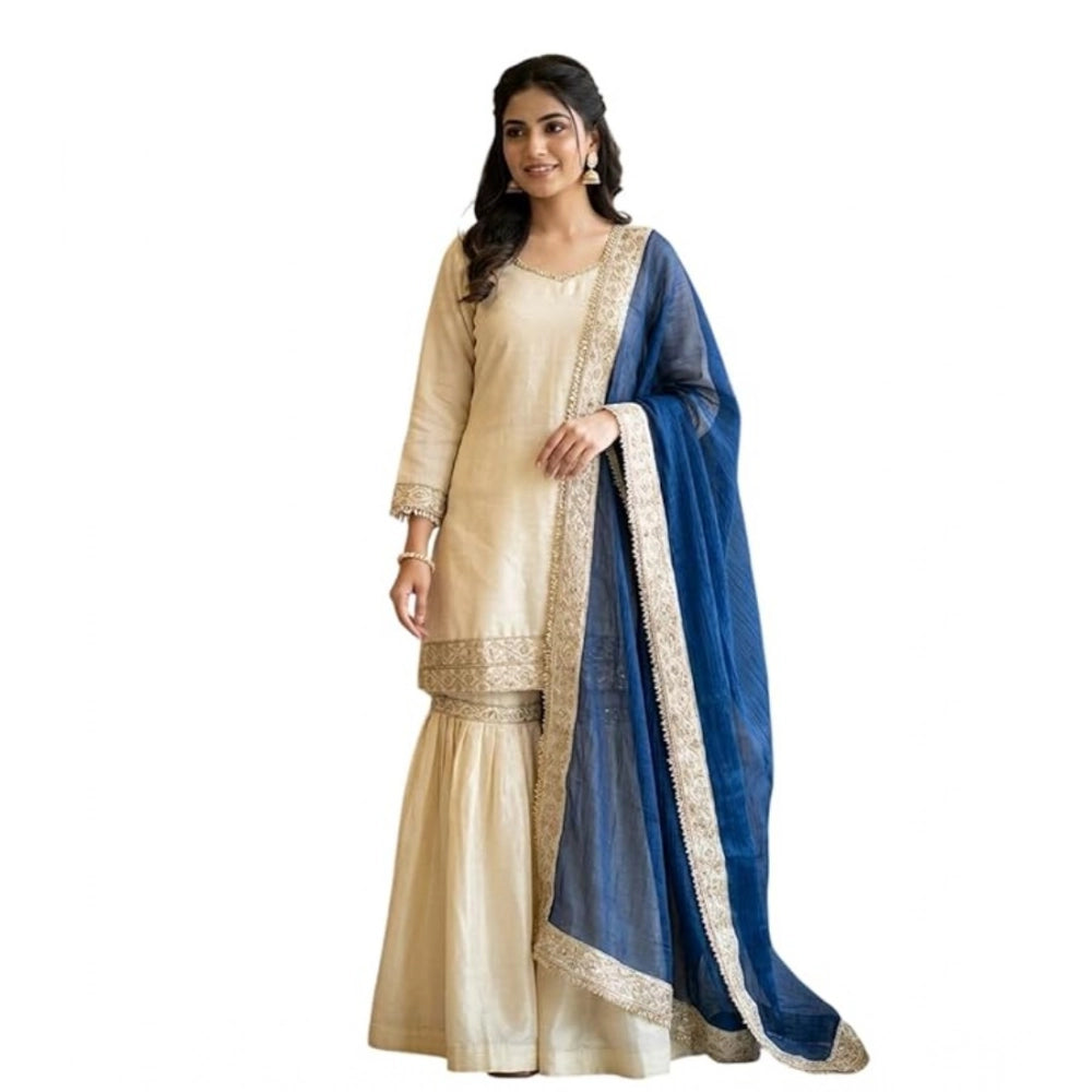 Generic Women's Silk Embroidered 3/4th Sleeve V-Neck Kurti With Sharara Pant and Dupatta Set (Cream &amp; Blue)