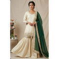 Women's Silk Embroidered 3/4th Sleeve V-Neck Kurti With Sharara Pant and Dupatta Set (Cream &amp; Bottle Green)