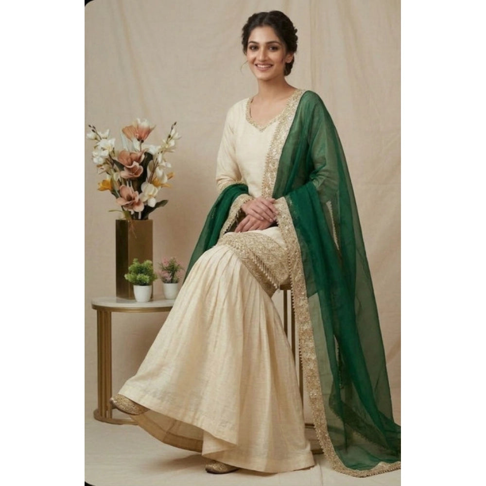 Women's Silk Embroidered 3/4th Sleeve V-Neck Kurti With Sharara Pant and Dupatta Set (Cream &amp; Bottle Green)