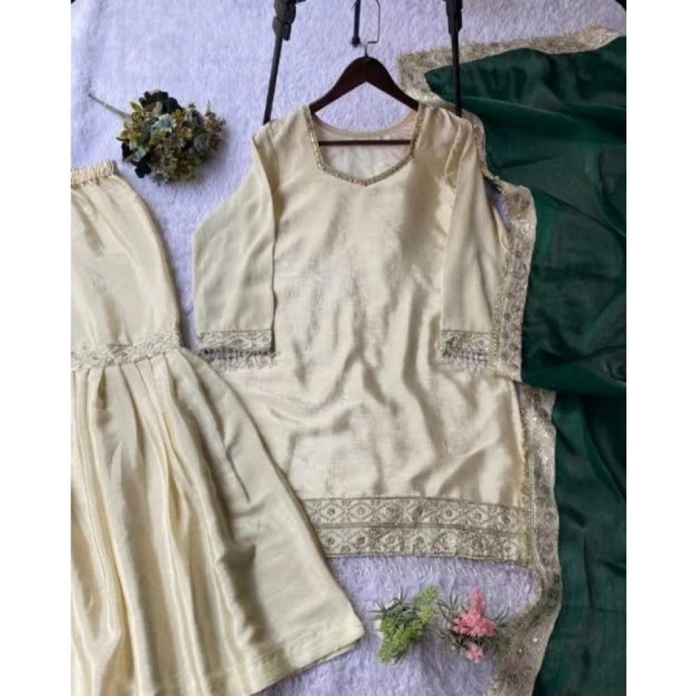 Women's Silk Embroidered 3/4th Sleeve V-Neck Kurti With Sharara Pant and Dupatta Set (Cream &amp; Bottle Green)