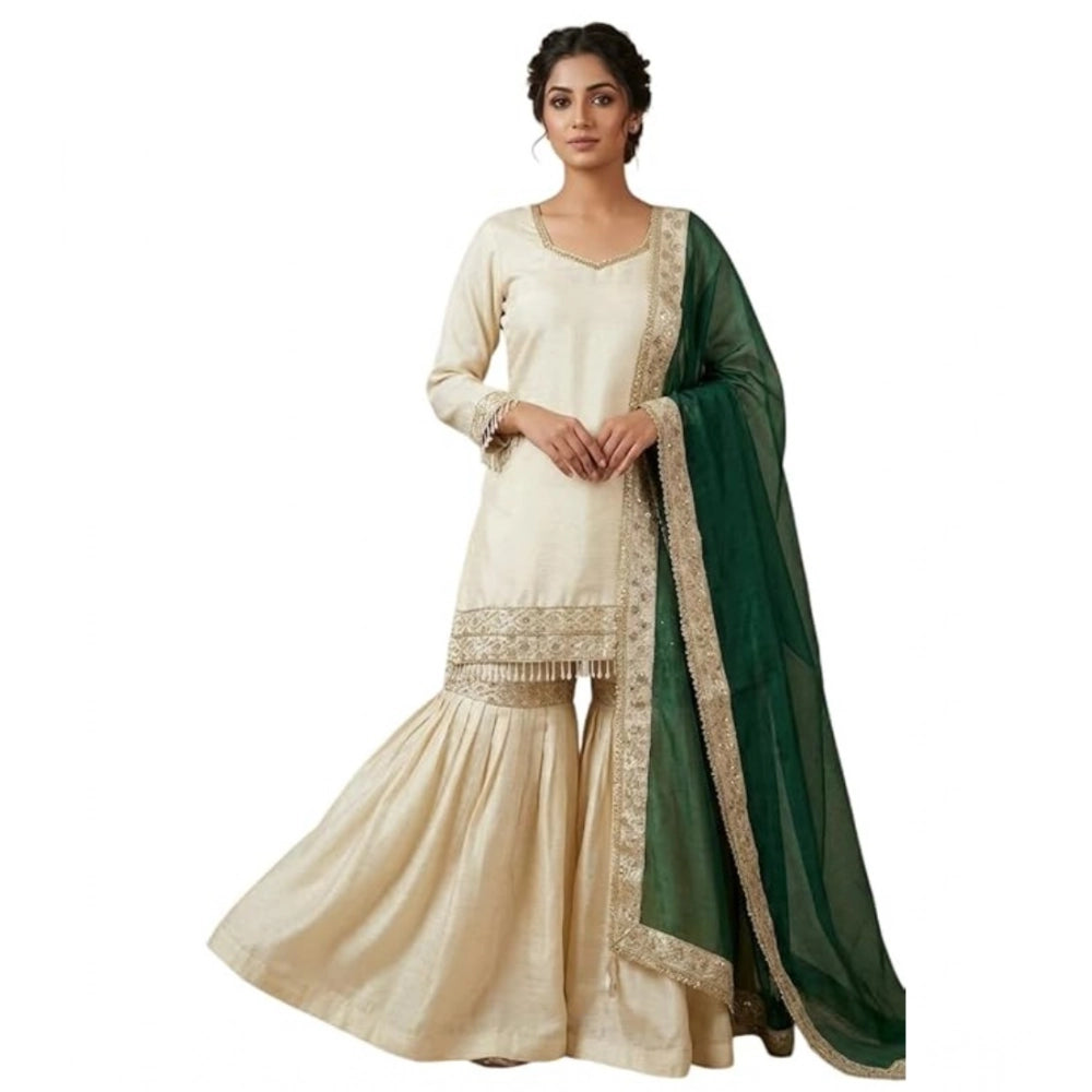 Women's Silk Embroidered 3/4th Sleeve V-Neck Kurti With Sharara Pant and Dupatta Set (Cream &amp; Bottle Green)