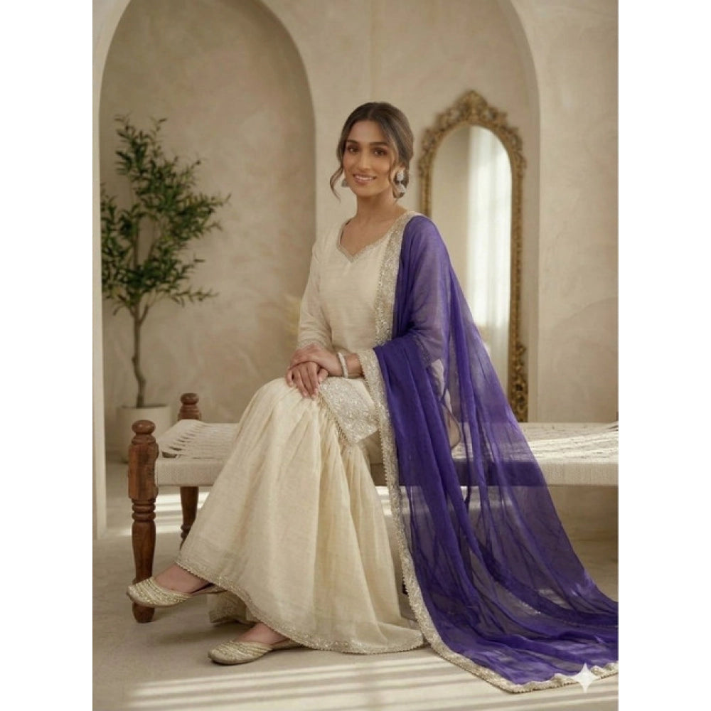 Generic Women's Silk Embroidered 3/4th Sleeve V-Neck Kurti With Sharara Pant and Dupatta Set (Cream &amp; Purple)