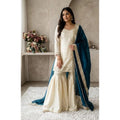 Generic Women's Silk Embroidered 3/4th Sleeve V-Neck Kurti With Sharara Pant and Dupatta Set (Cream &amp; Teal)