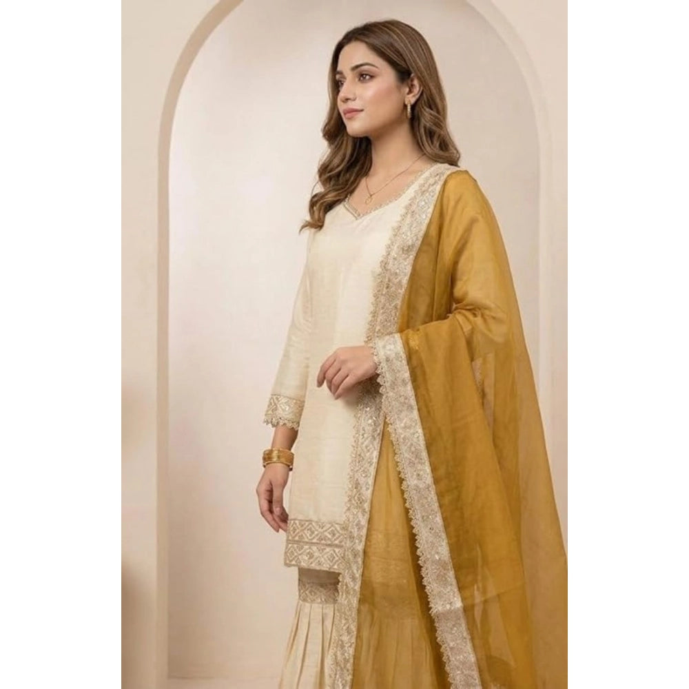 Generic Women's Silk Embroidered 3/4th Sleeve V-Neck Kurti With Sharara Pant and Dupatta Set (Cream &amp; Yellow)