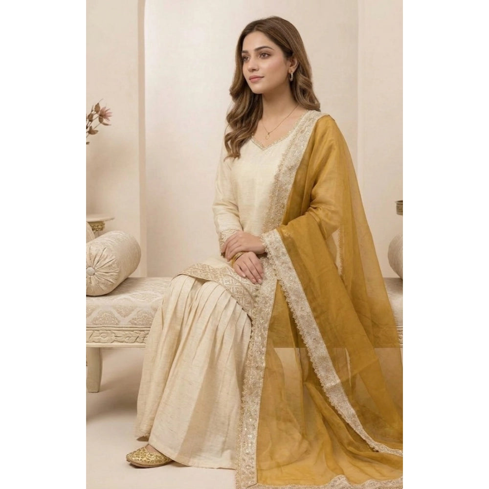 Generic Women's Silk Embroidered 3/4th Sleeve V-Neck Kurti With Sharara Pant and Dupatta Set (Cream &amp; Yellow)