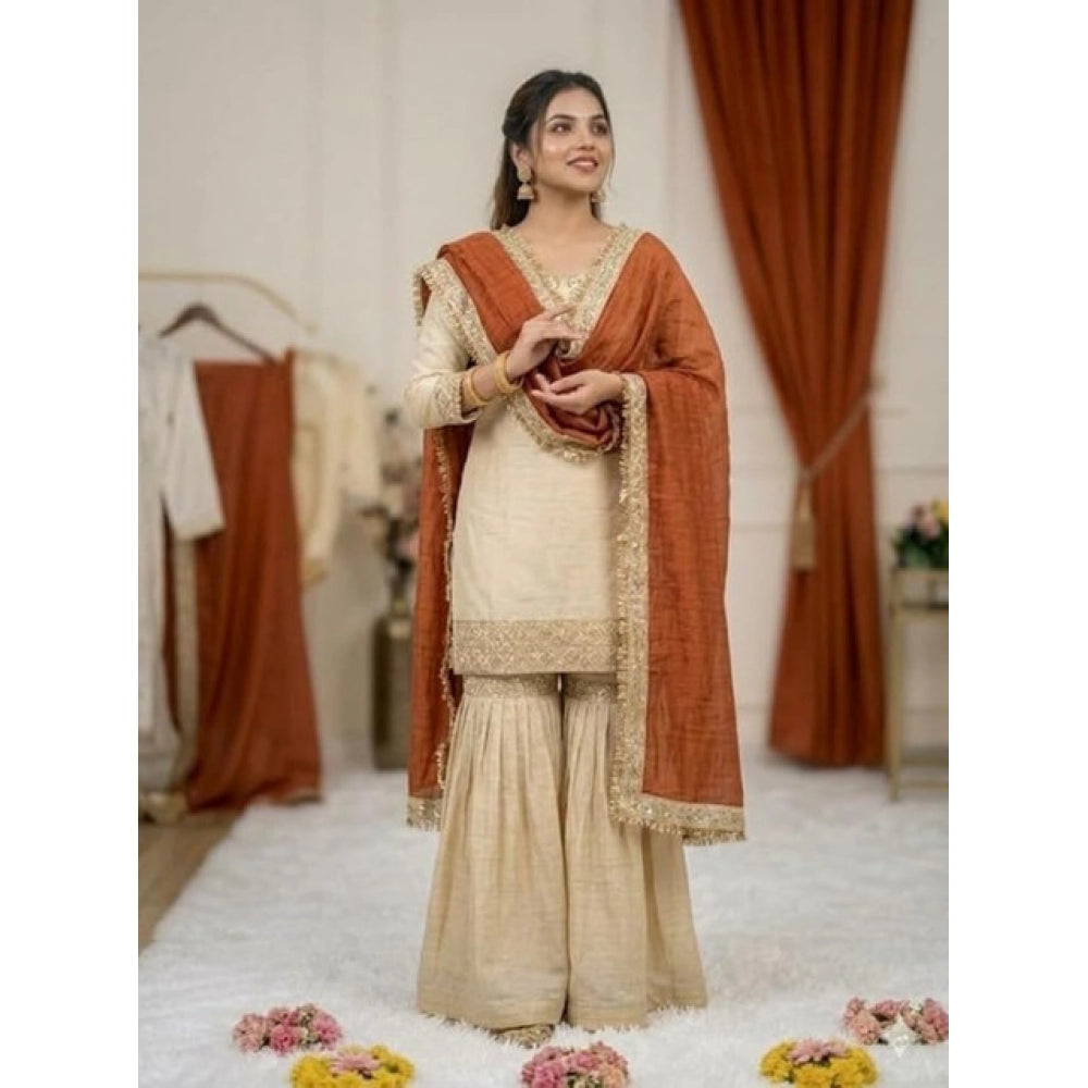 Generic Women's Silk Embroidered 3/4th Sleeve V-Neck Kurti With Sharara Pant and Dupatta Set (Cream &amp; Orange)