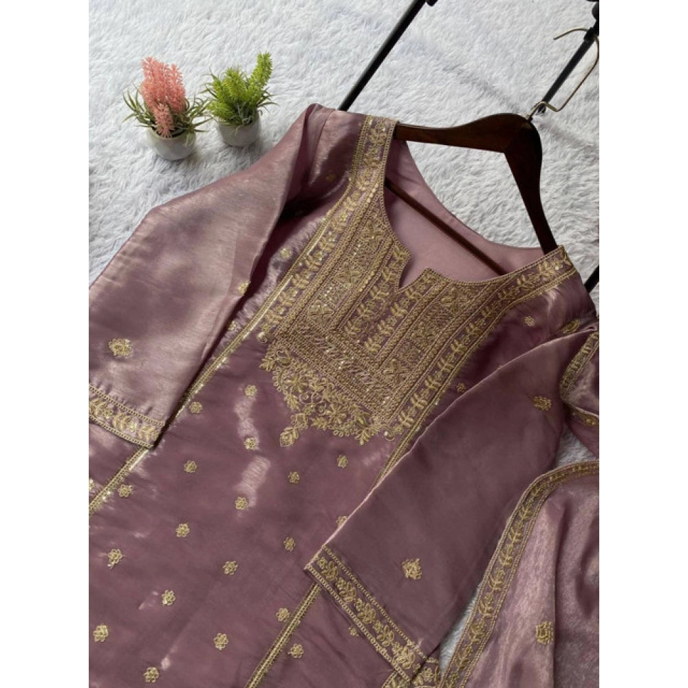 Generic Women's Silk Embroidered 3/4th Sleeve Round Kurti With Sharara Pant and Dupatta Set (Purple)