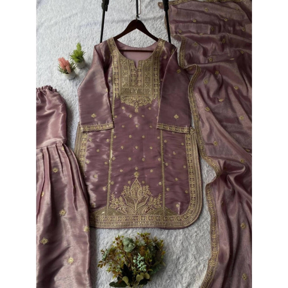 Generic Women's Silk Embroidered 3/4th Sleeve Round Kurti With Sharara Pant and Dupatta Set (Purple)
