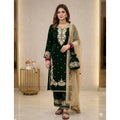 Generic Women's Silk Embroidered 3/4th Sleeve Round Kurti With Palazzo Pant and Dupatta Set (Dark Green)
