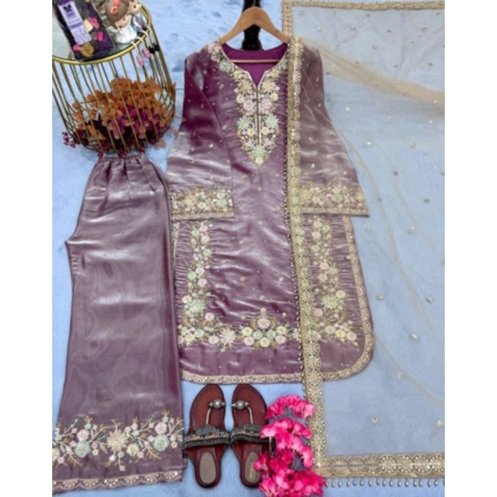 Generic Women's Silk Embroidered 3/4th Sleeve Round Kurti With Palazzo Pant and Dupatta Set (Lavender)