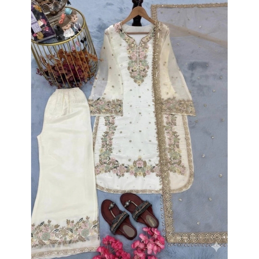 Generic Women's Silk Embroidered 3/4th Sleeve Round Kurti With Palazzo Pant and Dupatta Set (White)