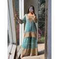 Generic Women's Silk Embroidered 3/4th Sleeve Round Kurti With Sharara Pant and Dupatta Set (Sea Green)