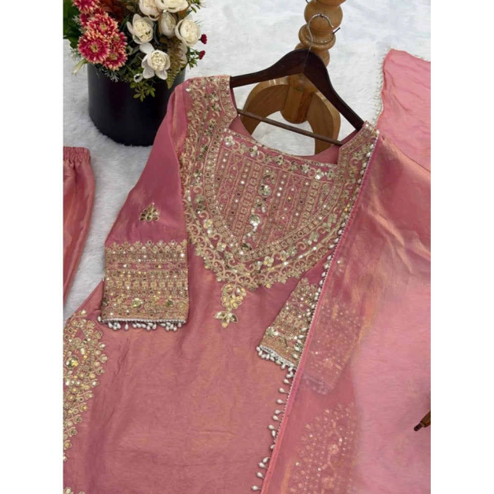 Generic Women's Silk Embroidered 3/4th Sleeve Round Kurti With Sharara Pant and Dupatta Set (Pink)