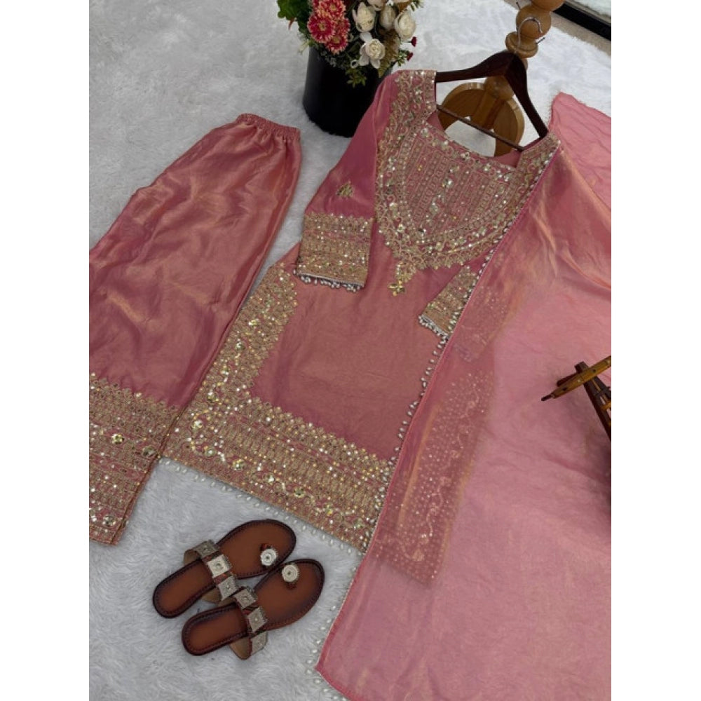 Generic Women's Silk Embroidered 3/4th Sleeve Round Kurti With Sharara Pant and Dupatta Set (Pink)