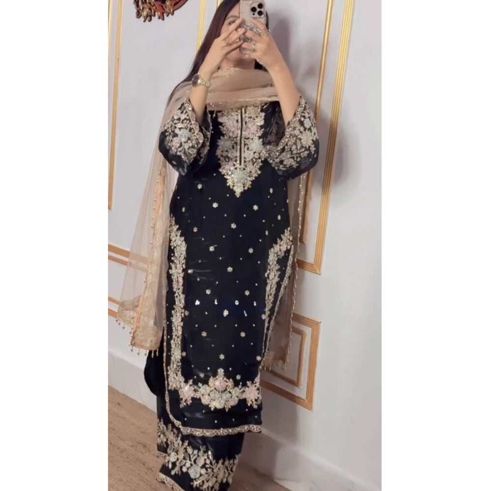 Generic Women's Silk Embroidered 3/4th Sleeve Round Readymade Kurti With Palazzo Pant and Dupatta Set (Black)