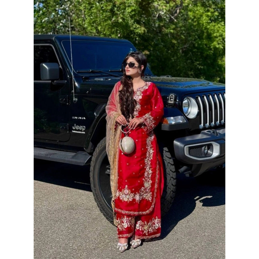 Generic Women's Silk Embroidered 3/4th Sleeve Round Readymade Kurti With Palazzo Pant and Dupatta Set (Red)