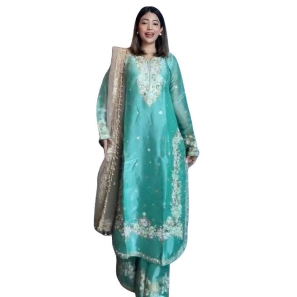 Women's Silk Embroidered 3/4th Sleeve Round Readymade Kurti With Palazzo Pant and Dupatta Set (Sea Green)