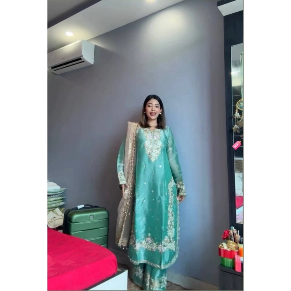 Women's Silk Embroidered 3/4th Sleeve Round Readymade Kurti With Palazzo Pant and Dupatta Set (Sea Green)