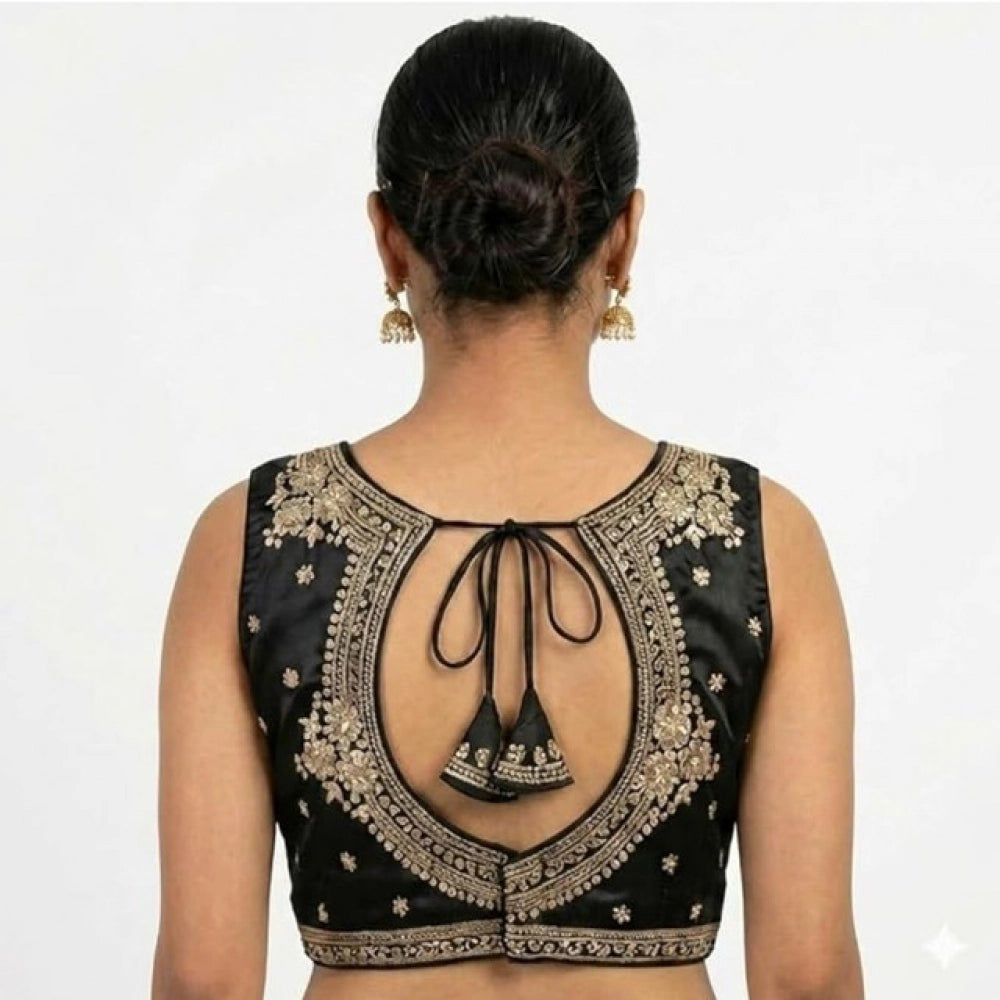 Generic Women's Silk Embroidered V-Neck Sleeveless Readymade Padded Blouse (Black, Size 38)