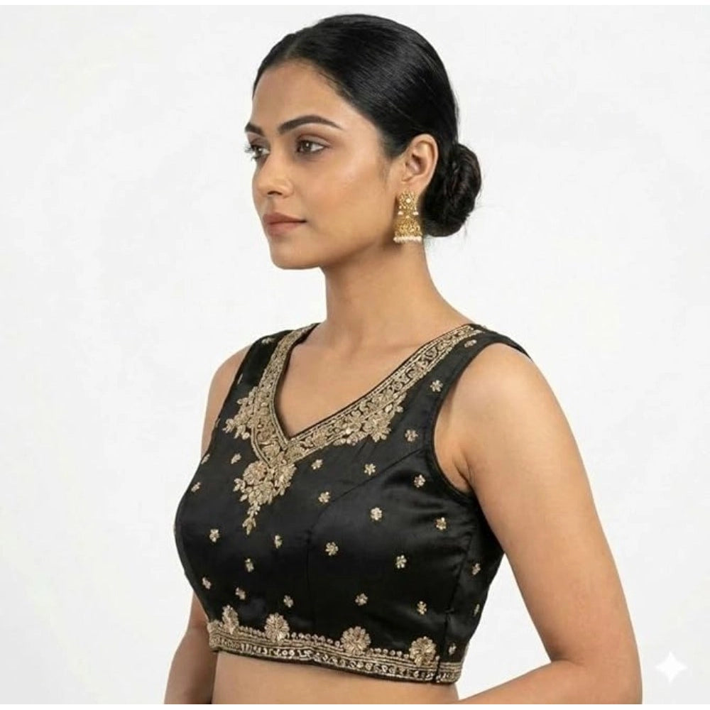 Generic Women's Silk Embroidered V-Neck Sleeveless Readymade Padded Blouse (Black, Size 38)