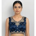 Generic Women's Silk Embroidered V-Neck Sleeveless Readymade Padded Blouse (Blue, Size 38)