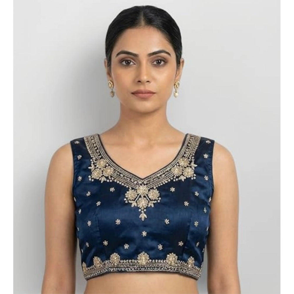 Generic Women's Silk Embroidered V-Neck Sleeveless Readymade Padded Blouse (Blue, Size 38)