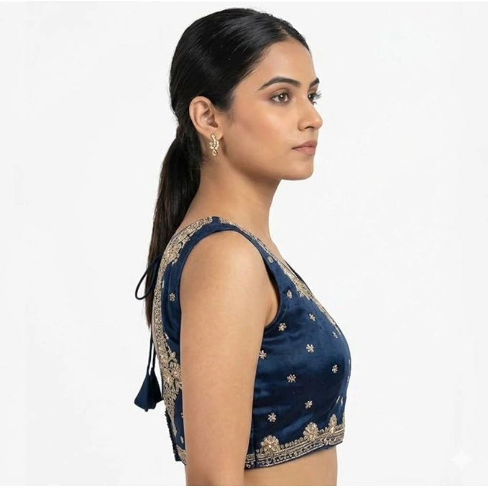 Generic Women's Silk Embroidered V-Neck Sleeveless Readymade Padded Blouse (Blue, Size 38)
