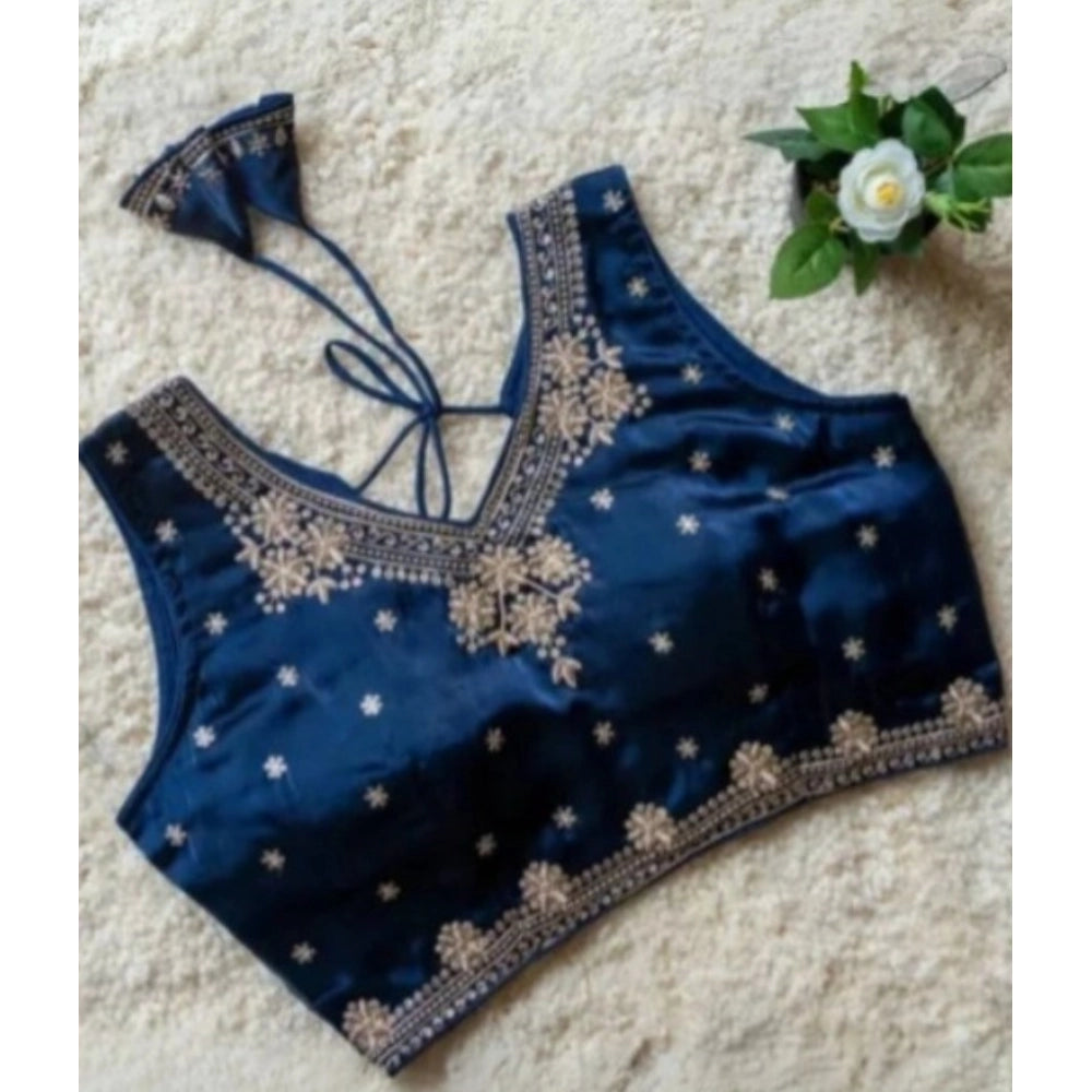 Generic Women's Silk Embroidered V-Neck Sleeveless Readymade Padded Blouse (Blue, Size 38)