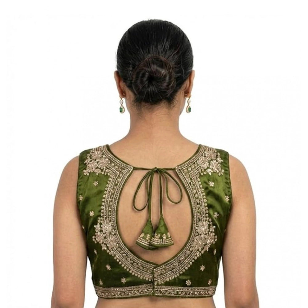 Generic Women's Silk Embroidered V-Neck Sleeveless Readymade Padded Blouse (Mahendi, Size 38)
